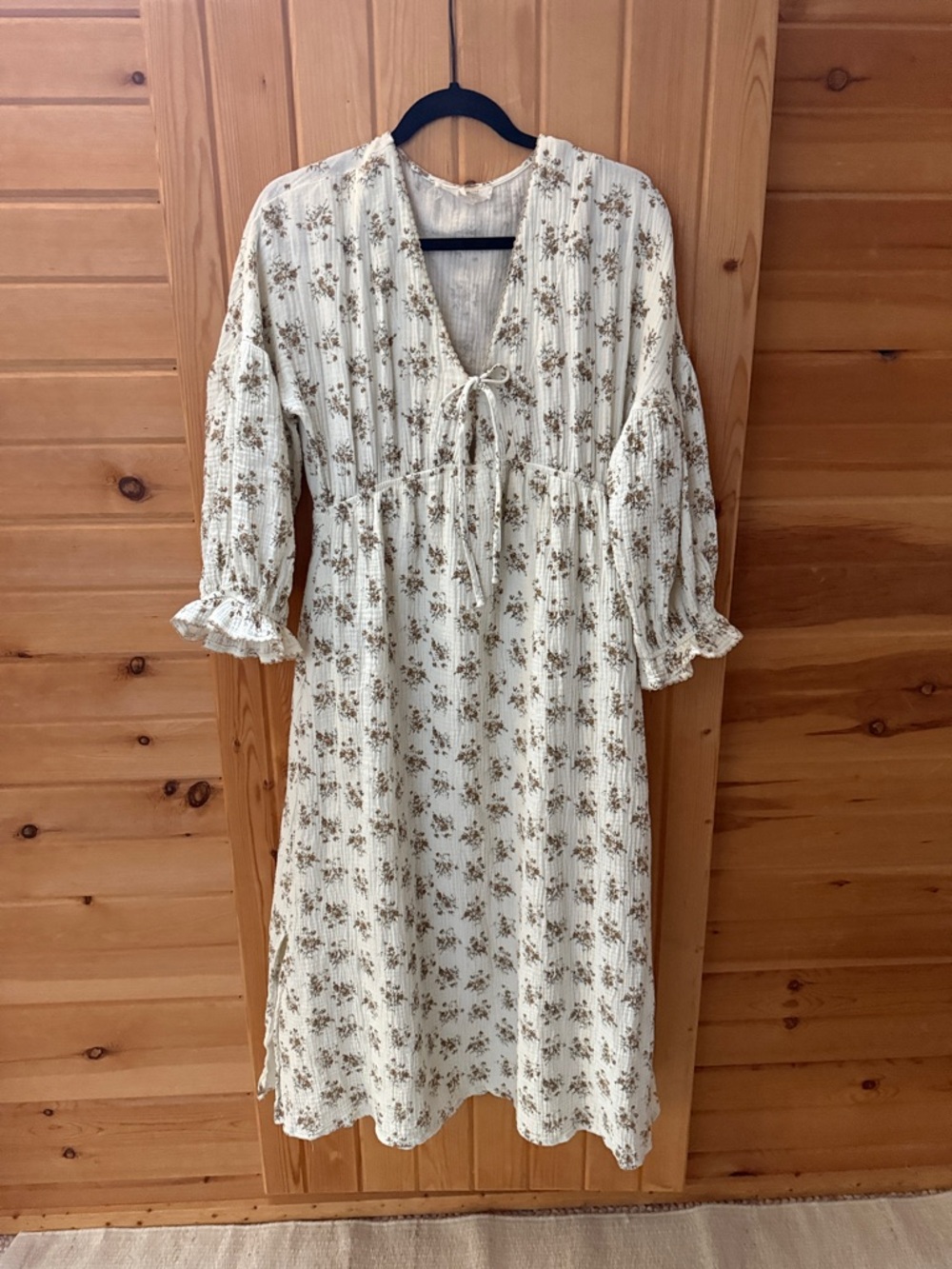 Cream Floral Tie-Front Midi Dress with Ruffle Cuffs